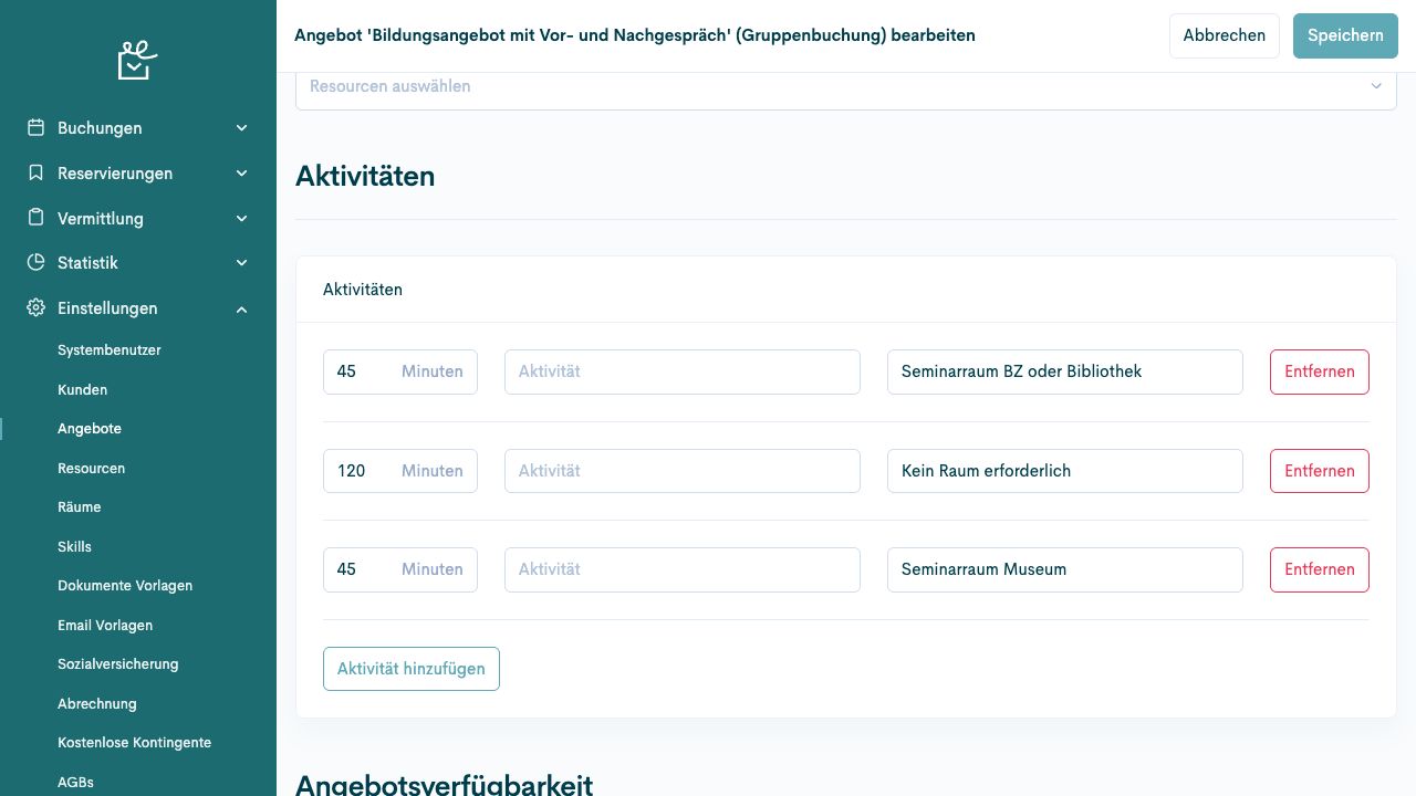Drei Aktivitäten mit 45, 120 und 45 Minuten und ihren Raumtypen