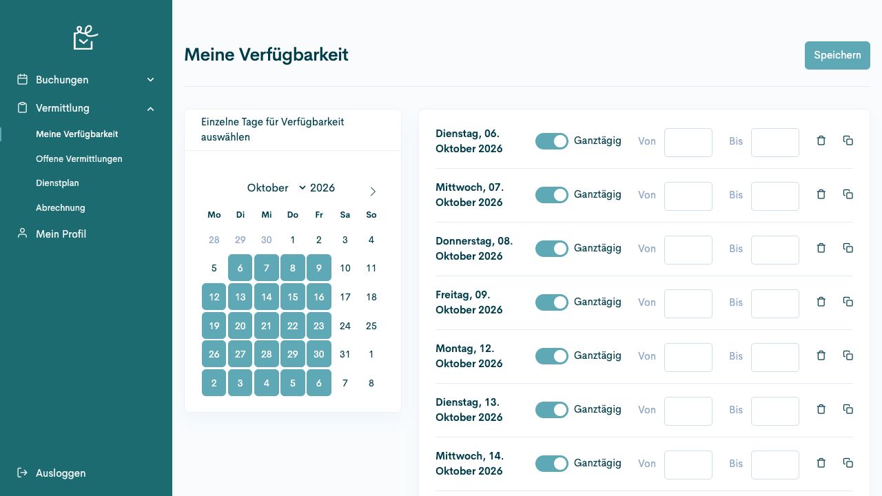 Kalender ausgewählter Tage und die zugehörigen ganztägigen Verfügbarkeiten