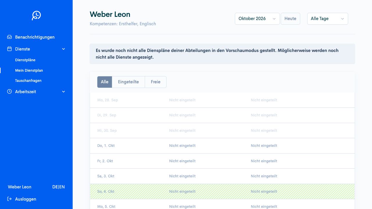 Persönlicher Monatsplan mit Hinweis auf noch fehlende Dienstplanvorschauen