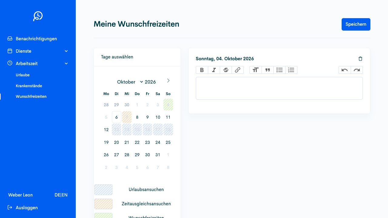 Kalender für persönliche Wunschfreizeiten mit eigener Legende und Speichern-Schaltfläche
