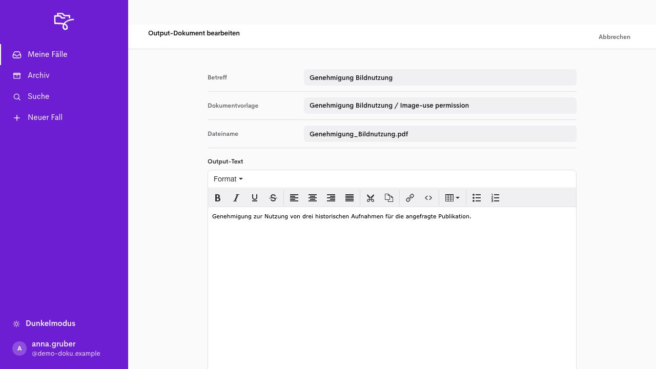 Output-Dokument mit Betreff, Vorlage, Dateiname und fachlichem Dokumenttext